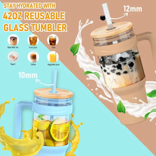 Miniatura 3 de Tronco Vaso de vidrio de 40 onzas con popote y tapa, taza de café helado reutilizable con asa, botellas de agua de vidrio para batidos, se adapta a