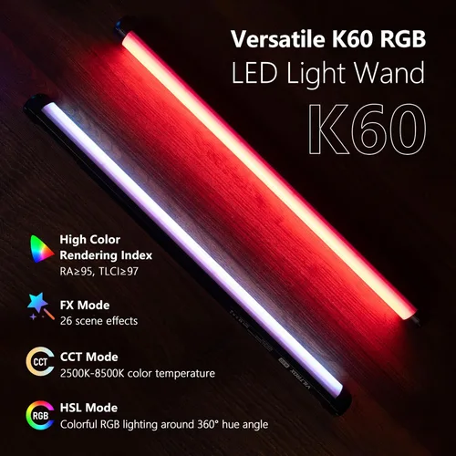 Miniatura 2 de VILTROX Varita de luz LED RGB K60, barra de luz LED RGB de mano de 360° para fotografía con control de aplicación, regulable de 2500K-8500K, CRI97+