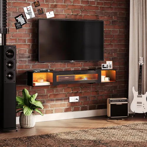Miniatura 8 de HOOBRO Soporte de TV flotante con luz LED y toma de corriente para televisores de hasta 65 pulgadas, estante de TV montado en la pared, consola