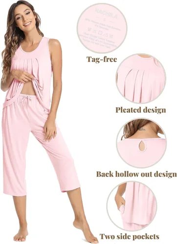 Miniatura 4 de NACHILA Conjunto de pijama de bambú para mujer, sin mangas, suave, pantalones capri, tallas S-4XL