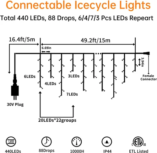 Miniatura 2 de Blingstar - Luces de carámbano, luces de Navidad al aire libre de 49.2 pies, 440 LED, luces colgantes extensibles, 8 modos, luces de carámbano