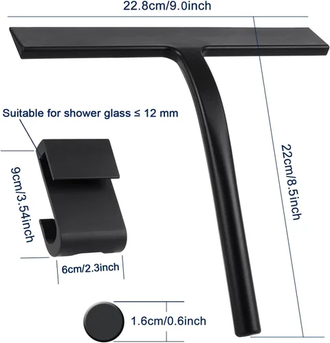 Miniatura 2 de Escobilla de ducha de silicona, color negro, 9 pulgadas Todo-propósito, para la puerta de cristal de la ducha, con el gancho, herramienta