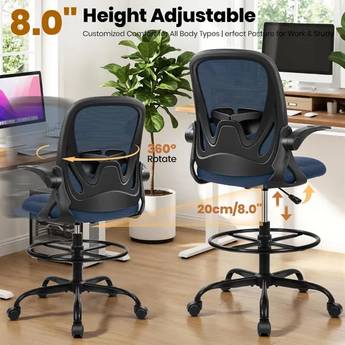 Miniatura 7 de Primy Silla de Dibujo Silla Alta de Oficina con Reposabrazos Abatibles Silla Ejecutiva Ergonómica de Computadora para Escritorio de Pie con Soporte