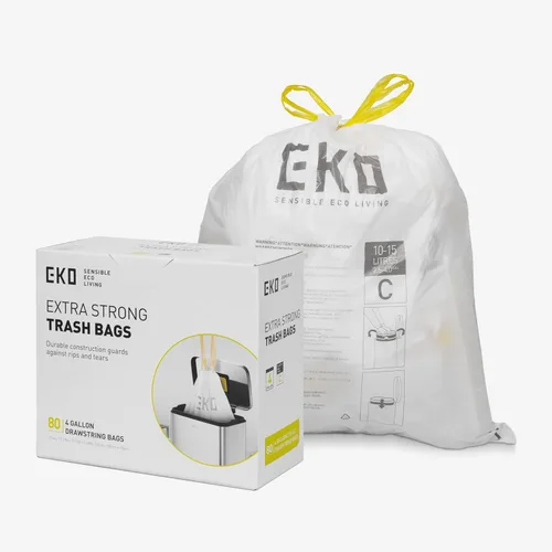 EKO 4 galones / 10-15 litros, 80 bolsas de basura pequeñas con cordón, bolsas de basura extrafuertes sin perfume, rollo fácil de dispensar para