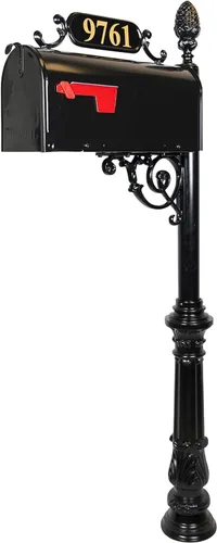 Charleston sistema de buzón y poste – Buzón negro resistente a la oxidación – Incluye placa de dirección, números, pergamino y accesorios de montaje