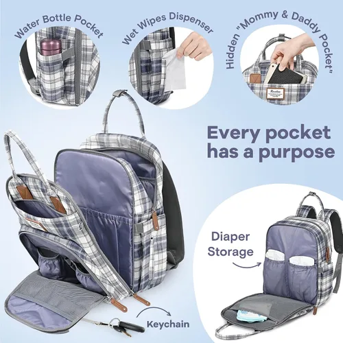 Miniatura 4 de RUVALINO Mochila para pañales, Paquete de viaje multifunción Bolsas cambiadoras para bebés de maternidad, gran capacidad, impermeable, cuadros azules