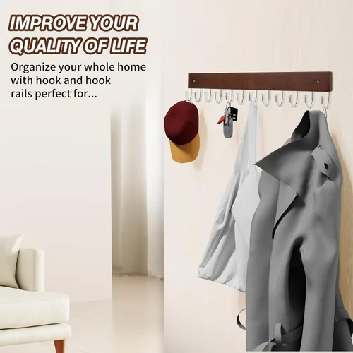 Miniatura 2 de UNIFUN Ganchos para llaves, ganchos para colgar en la pared con 12 ganchos, para entrada, baño, pasillo y cocina (color marrón, paquete de 2)
