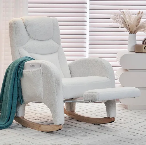 Miniatura 8 de Comfy - Silla mecedora para guardería, silla tapizada para guardería con reposapiés, moderna con bolsillo, sillón decorativo con base mecedora suave