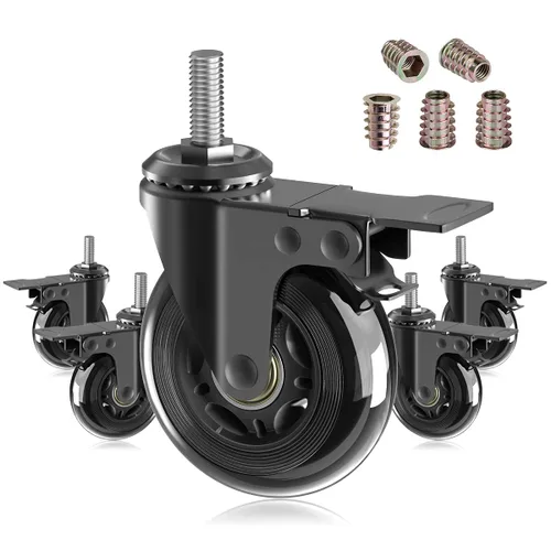 Paquete de 5 ruedas giratorias de 3 pulgadas con bloqueo doble de seguridad, pernos ingleses resistentes de 3/8 a 16 UNC, ruedas de goma con frenos,