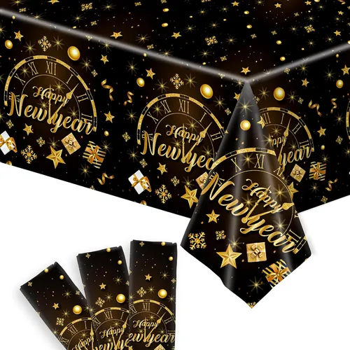 KatchOn, Mantel de Feliz Año Nuevo – 108 x 54 pulgadas, paquete de 3 | Decoraciones de Feliz Año Nuevo 2026 | Mantel de Feliz Año Nuevo 2026 |