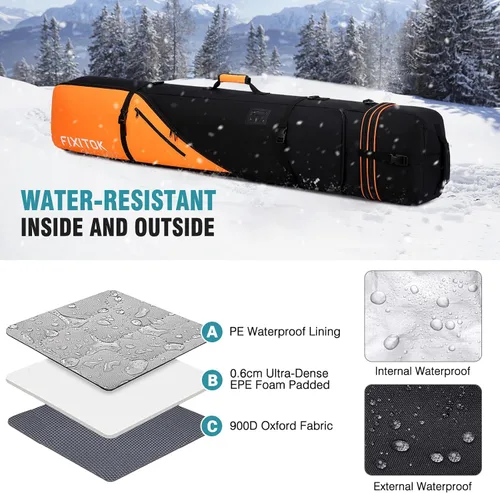 Miniatura 6 de FIXITOK Bolsa de snowboard y esquí para viajes aéreos, bolsa de snowboard acolchada completa impermeable que se ajusta a tabla, botas, ropa, casco