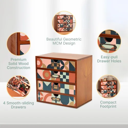 Miniatura 4 de Organizador de escritorio con patrón geométrico moderno de mediados de siglo, almacenamiento de escritorio en tono tierra con 4 cajones, gabinete