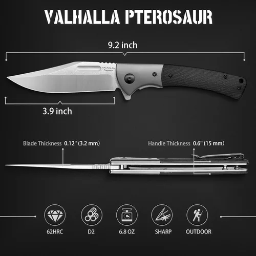 Miniatura 5 de VALHALLA PTEROSAUR Cuchillo de bolsillo, cuchillo plegable de acero D2 de 3.9 pulgadas con mango de micarta, cuchillo de bolsillo para hombres