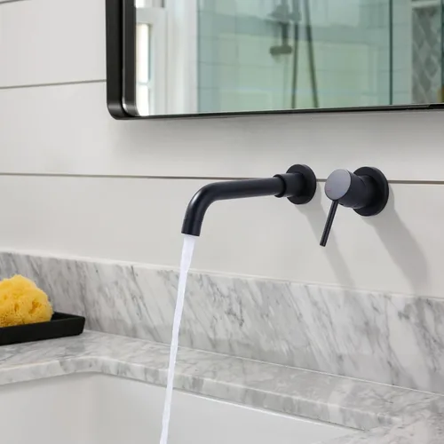 Miniatura 2 de ARCORA Grifo de baño de montaje en pared, negro mate, grifo de lavabo de baño de una sola manija montado en la pared, válvula empotrada incluida