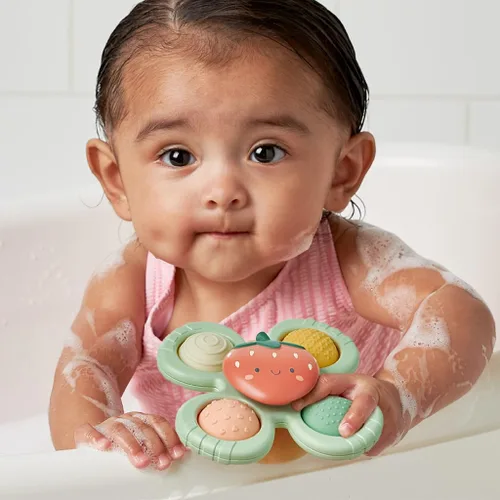 Miniatura 9 de Itzy Ritzy Pop & Whirl – Fidget Spinner Juguete de viaje y baño para bebés y niños pequeños – Fidget con juguete de silicona texturizada para Fresa