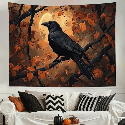 Miniatura 50 de HVEST Tapiz de noche de Halloween, tapiz para colgar en la pared, bosque embrujado con tumba y calabazas, manta de pared para dormitorio, sala