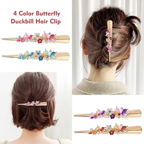 Miniatura 3 de Dizila Paquete de 4 pinzas de metal grandes y largas con diamantes de imitación brillantes, flores, mariposa, pico de pato, pasadores, accesorios