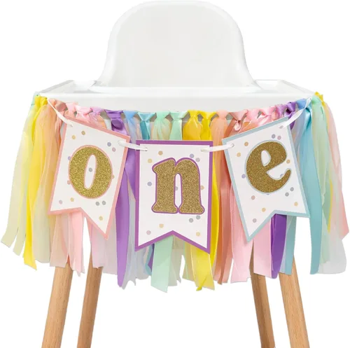 Cartel para silla de alta color arcoíris pastel – Cartel de primer cumpleaños para silla de bebé, guirnalda de cinta de arcoíris pastel, Banner de