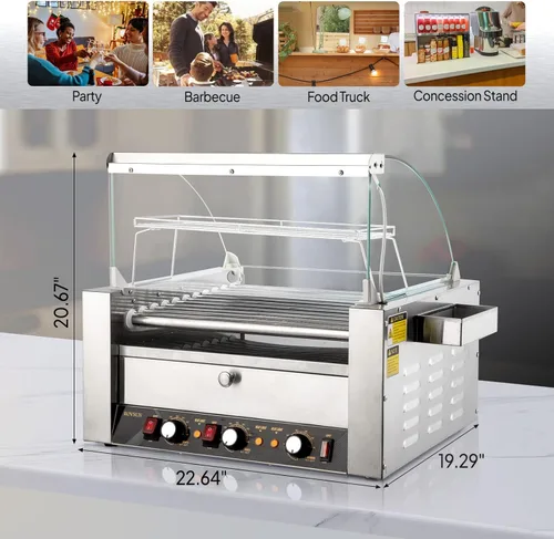 Miniatura 7 de ROVSUN 30 Hot Dog 11 rodillos, calentador de rodillos para perros calientes con calentador de bollos, cubierta, control de temperatura doble, luz