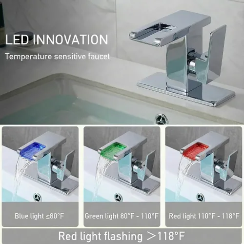 Miniatura 2 de AVSIILE Grifo LED para Lavabo de Baño, Cromado Cascada Mango de Un Solo Orificio Grifos de Tocador para Lavabos 1 Orificio con Desagüe Emergente