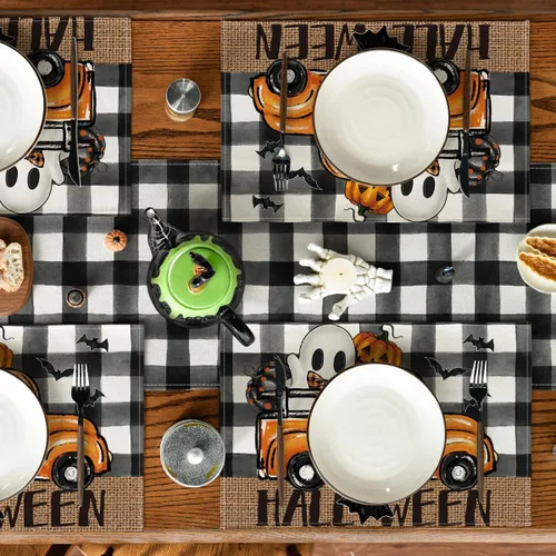 Miniatura 4 de Artoid Mode Buffalo - Juego de 4 manteles individuales espeluznantes de Halloween, 12 x 18 pulgadas, para decoración de fiestas, cocina, comedor