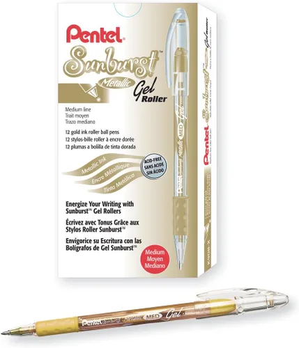 Pentel Sunburst - Bolígrafo de gel metálico, punta media, barril dorado/transparente, tinta dorada, caja de 12 unidades (K908-X)