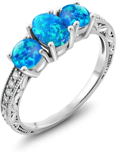 Miniatura 65 de Gem Stone King Anillo de compromiso de 3 piedras preciosas de oro blanco de 10 quilates con piedra natal y diamantes cultivados en laboratorio
