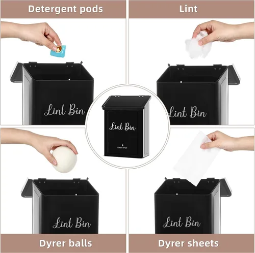 Miniatura 5 de SUBEKYU Contenedor Magnético de Metal para Pelusa para Cuarto de Lavandería, Soporte de Caja de Pelusa Montado en la Pared, Bote de Basura con Tapa