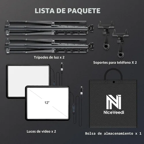 Miniatura 8 de Paquete de 2 luces LED de video, luz NiceVeedi Studio, kit de iluminación regulable de 2800-6500K para fotografía con soporte de trípode y soporte