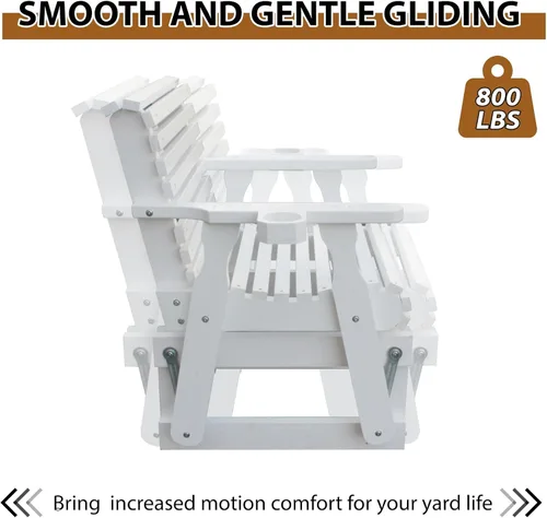 Miniatura 4 de Silla planeadora para exteriores, juego de muebles de patio de madera de 2 plazas con mesa, portavasos, respaldo alto y asiento contorneado Blanco