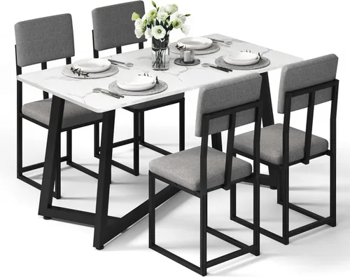 Miniatura 8 de HUGROVE Juego de mesa de comedor de 6 piezas, mesa rectangular de mármol sintético de 51.18 pulgadas con 4 sillas de comedor tapizadas de lino