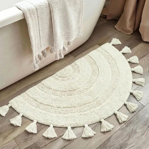 Alfombra de baño bohemia de medio círculo con borlas, suave hecha a mano de algodón, bohemio, alfombra de baño de ganchillo, antideslizante, Crema