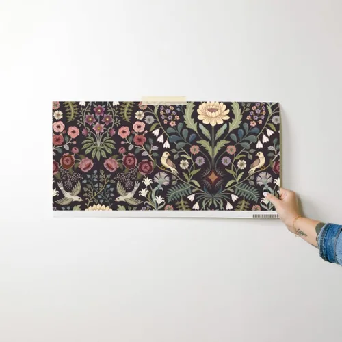 Miniatura 7 de Papel tapiz autoadhesivo para despegar y pegar, papel tapiz tradicional floral, arte popular, pájaros, verde victoriano, borgoña, extra grande