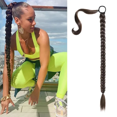 Miniatura 40 de SEIKEA - Extensión de cola de caballo trenzada larga mejorada con banda elástica lisa y mechón trenzado envolvente, color negro, 20 pulgadas
