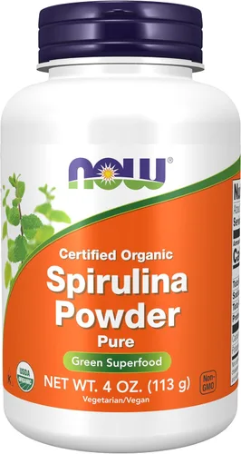 NOW Suplementos, orgánico certificado, polvo de espirulina, rico en betacaroteno (vitamina A) y B-12 con GLA y clorofila naturales, 4 onzas