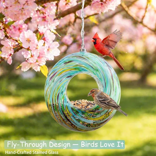 Miniatura 2 de Yinns Comederos de vidrio para pájaros colgantes en el exterior, comedero para pájaros con forma redonda solar para decoración de jardín de patio