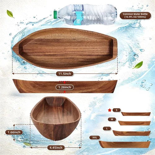Miniatura 3 de Bandeja para servir Barco de la Suerte, plato de madera maciza de acacia con forma interesante para servir postres, frutas, aperitivos y ornamento