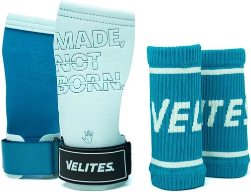 Velites - Puños oficiales Quad Pro de Games - con tiza - Pulseras incluidas - Pull-ups, musculares y dedos de los pies a la barra 2-Azul claro