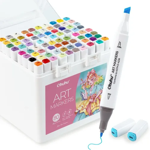 Ohuhu - Marcadores para principiantes, juego de 80 colores de marcadores de alcohol de punta doble cincel y fina para colorear, ilustrar, bosquejar,