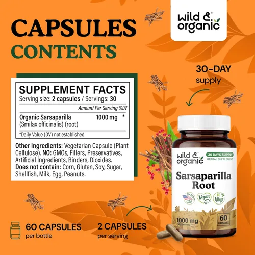 Miniatura 3 de Wild & Organic Cápsulas de raíz de zarzaparrilla, apoyo para la piel y la desintoxicación, suplemento de raíz de zarzaparrilla de 1000 mg, 30 días