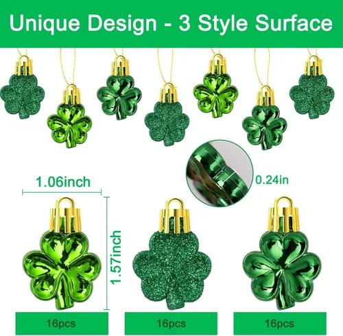 Miniatura 4 de Juego de adornos de tréboles del día de San Patricio, 48 piezas de trébol de la buena suerte, adornos colgantes decorativos de trébol verde