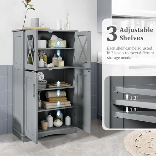 Miniatura 7 de Giantex Armario de almacenamiento de piso de baño, gabinete de piso de lino con puertas y estantes ajustables, organizador de almacenamiento lateral