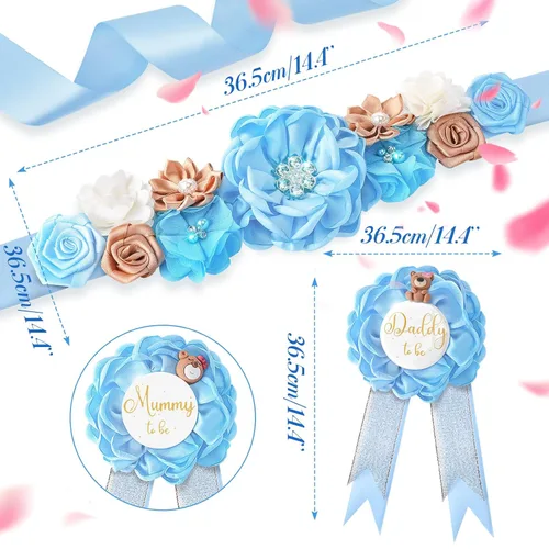 Miniatura 2 de Faja de maternidad floral para mamá, papá para ser ramillete, juego de alfileres de oso de peluche azul, banda para baby shower, cinturón de vientre