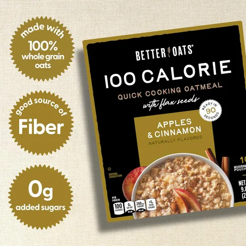 Miniatura 5 de Better Oats Paquetes de avena de 100 calorías de manzanas y canela, desayuno instantáneo con semillas de lino y sabor natural de manzana y canela