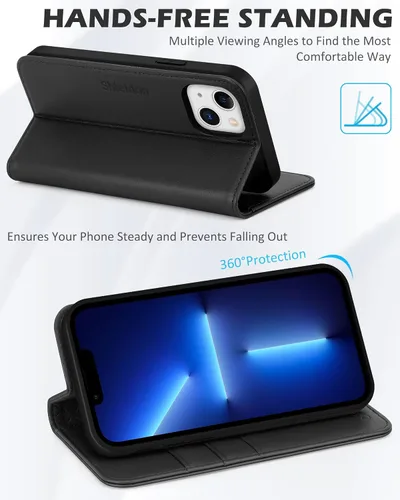 Miniatura 5 de SHIELDON Funda para iPhone 13 Mini 5G, cartera de piel auténtica, cierre magnético, ranuras para tarjetas, función atril, funda de protección Negro