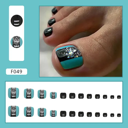 Miniatura 3 de Uñas cortas a presión, uñas postizas de acrílico brillante con forma cuadrada con diseño de purpurina plateada, cobertura completa, uñas postizas