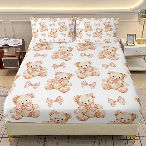 AILONEN Lovely Bear - Juego de sábanas bajeras tamaño Queen, juego de ropa de cama con pajarita de dibujos animados para niños y niñas, sábana