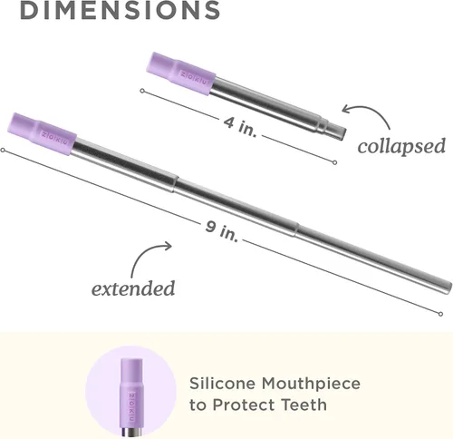 Miniatura 3 de ZOKU Popote de metal reutilizable con estuche para viajes, color morado, popote plegable de acero inoxidable con punta de silicona y cepillo Púrpura
