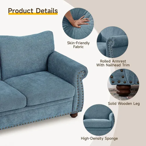 Miniatura 3 de ONBRILL Sofá Nailhead, sofá pequeño de 66 pulgadas con brazos enrollados, sofá biplaza de tela de felpilla con cojín de asiento con resortes, Verde