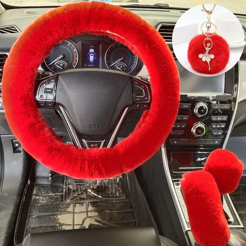Miniatura 9 de ZYNQACC Juego de 4 fundas esponjosas para volante con funda para freno de mano, funda para palanca de cambios y llavero de felpa de lana sintética